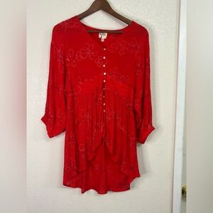 Fig & Flower by Anthropologie red embroidered boho hi-low tunic